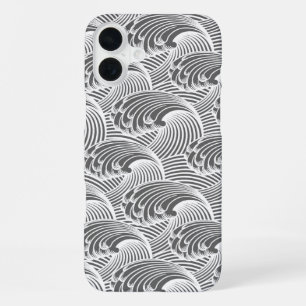 Vintage Japanese Waves, Grey / Grey and White iPhone 16 Plus Case