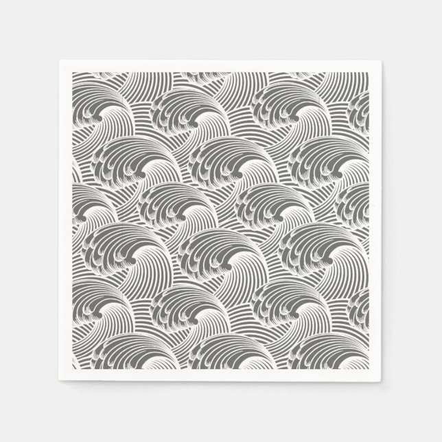 Vintage Japanese Waves, Grey / Grey and White Napkin (Front)