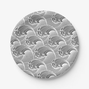 Vintage Japanese Waves, Grey / Grey and White Paper Plate