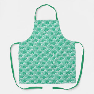 Vintage Japanese Waves, Jade Green and White Apron