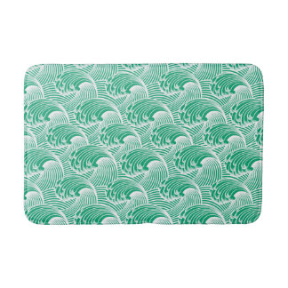 Vintage Japanese Waves, Jade Green and White Bath Mat