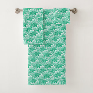 Vintage Japanese Waves, Jade Green and White Bath Towel Set