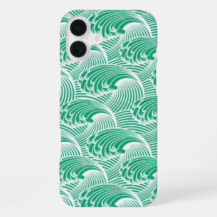 Vintage Japanese Waves, Jade Green and White iPhone 16 Plus Case