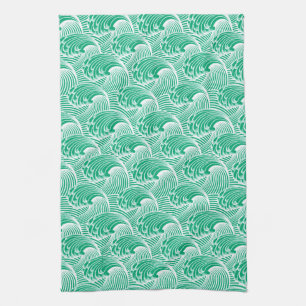 Vintage Japanese Waves, Jade Green and White Tea Towel