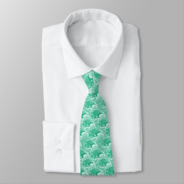 Vintage Japanese Waves, Jade Green and White Tie (Tied)