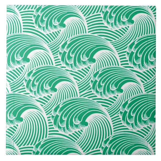Vintage Japanese Waves, Jade Green and White Tile (Front)