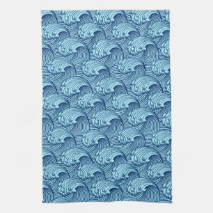 Vintage Japanese Waves, Navy and Sky Blue Tea Towel
