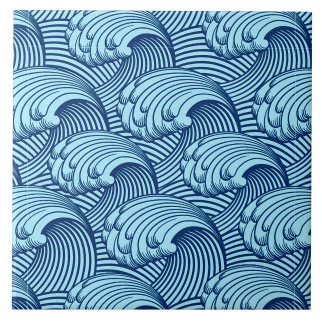 Vintage Japanese Waves, Navy and Sky Blue Tile (Front)