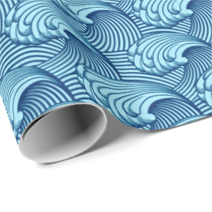 Vintage Japanese Waves, Navy and Sky Blue Wrapping Paper