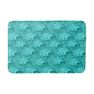 Vintage Japanese Waves, Turquoise and Aqua Bath Mat
