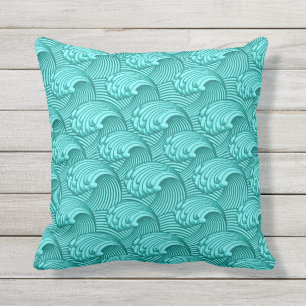 Vintage Japanese Waves, Turquoise and Aqua Cushion