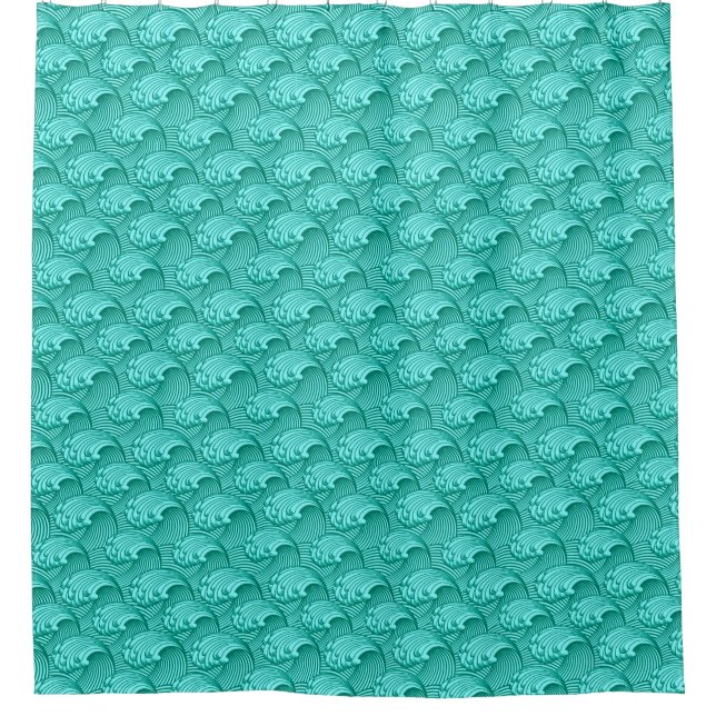 Vintage Japanese Waves, Turquoise and Aqua Shower Curtain (Front)