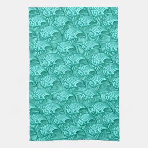 Vintage Japanese Waves, Turquoise and Aqua Tea Towel