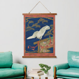 Vintage Japanese White Hawk Art G.A. Audsley Hanging Tapestry