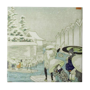 Vintage Japanese Winter on Water Woodblock Art Tile