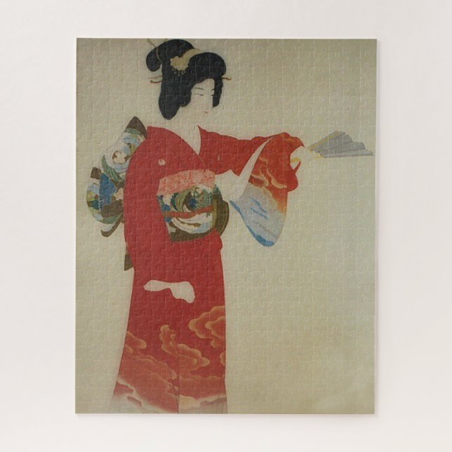 Vintage Japanese woman in red kimono Jigsaw Puzzle (Vertical)