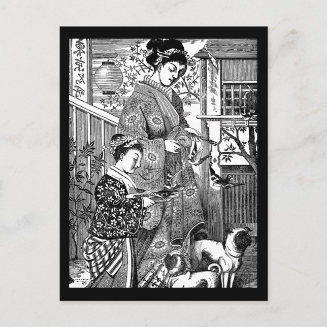 Vintage Japanese Woman with Pugs Postcard (Front)
