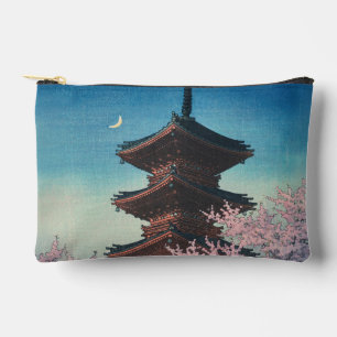 Vintage Japanese Woodblock Spring Evening Pagoda Accessory Pouch