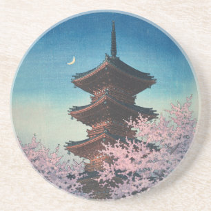 Vintage Japanese Woodblock Spring Evening Pagoda Coaster