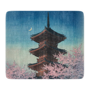 Vintage Japanese Woodblock Spring Evening Pagoda Cutting Board