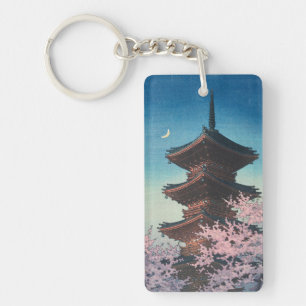 Vintage Japanese Woodblock Spring Evening Pagoda Key Ring