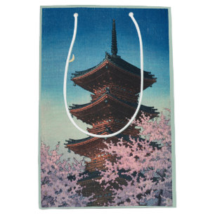 Vintage Japanese Woodblock Spring Evening Pagoda Medium Gift Bag