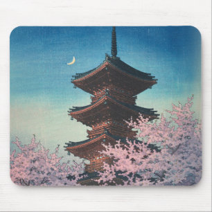 Vintage Japanese Woodblock Spring Evening Pagoda Mouse Mat