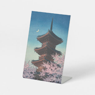 Vintage Japanese Woodblock Spring Evening Pagoda Pedestal Sign