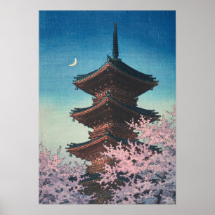 Vintage Japanese Woodblock Spring Evening Pagoda Poster