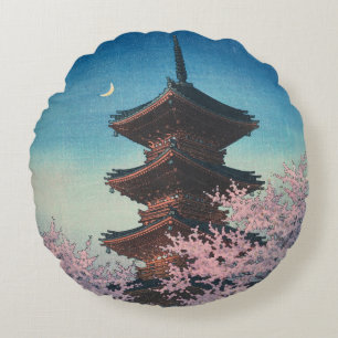 Vintage Japanese Woodblock Spring Evening Pagoda Round Cushion