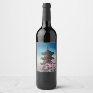 Vintage Japanese Woodblock Spring Evening Pagoda Wine Label