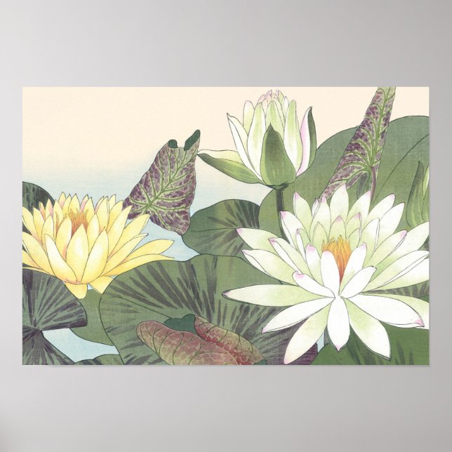 Vintage Japanese Woodblock White Lotus Flower Poster (Front)