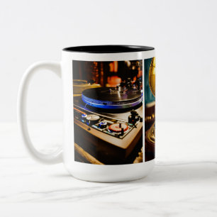 Vintage Jazz DJ T-Shirt Design Vinyl Records, Br Two-Tone Coffee Mug