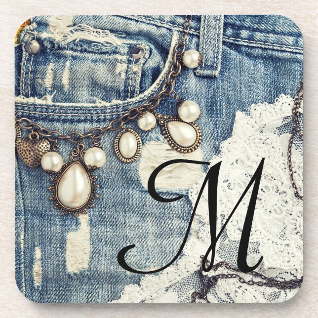 Vintage Jeans Victorian Monogram Drink Coaster (Front)