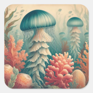 Vintage Jellyfish Illustration Antique Art Square Sticker