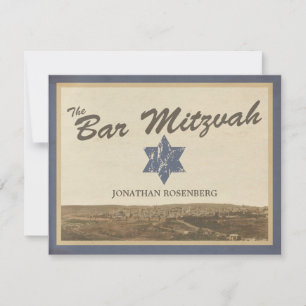 Vintage Jerusalem Bar Mitzvah RSVP Reply Card Navy