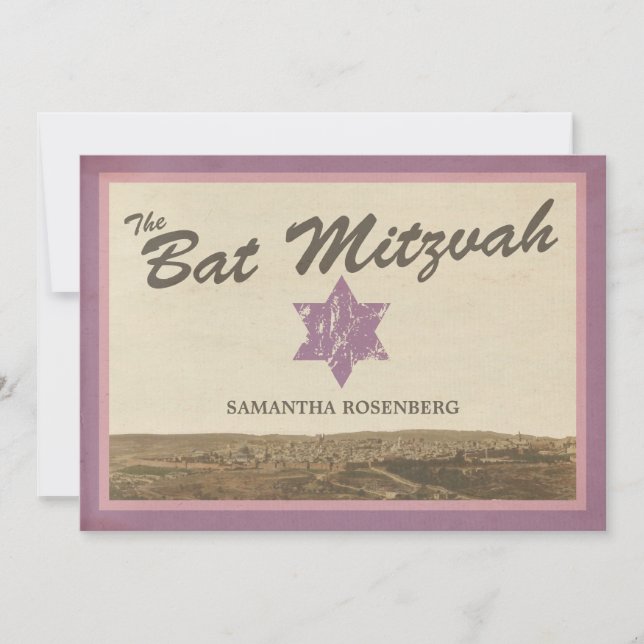 Vintage Jerusalem Bat Mitzvah Invitation in Purple (Front)