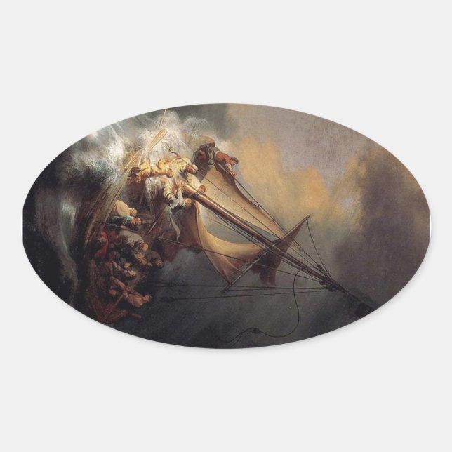 Vintage Jesus calming storm painting Oval Sticker (Front)