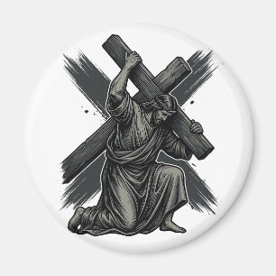 Vintage Jesus Carrying Cross Christian Vector Art Magnet
