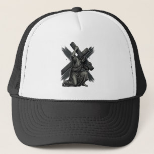 Vintage Jesus Carrying Cross Christian Vector Art Trucker Hat