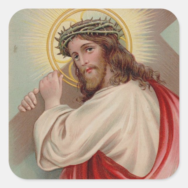Vintage Jesus Christ Carrying Cross Christian Square Sticker (Front)