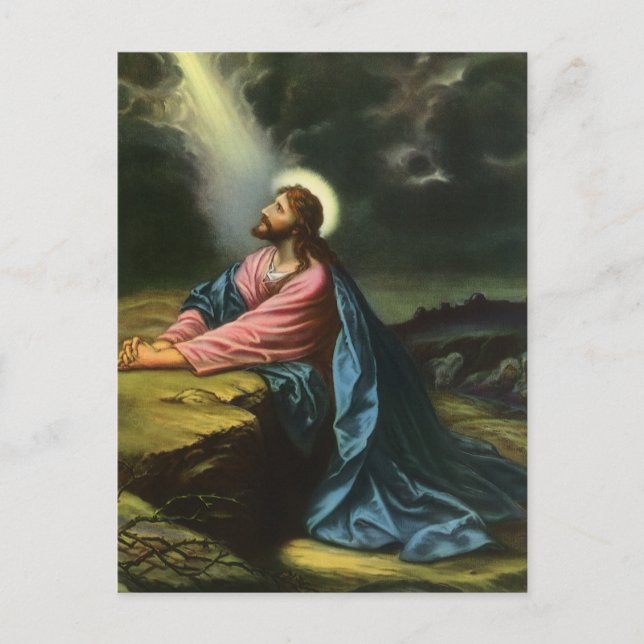 Vintage Jesus Christ Praying, Garden of Gethsemane Postcard (Front)