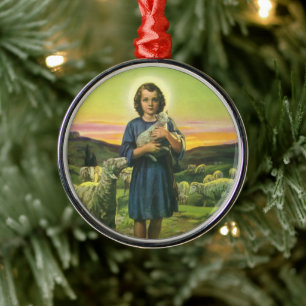 Vintage Jesus Christ the Shepherd with Baby Lamb Metal Tree Decoration