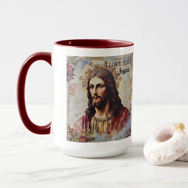 Vintage Jesus Christian Personalised name  Mug (With Donut)