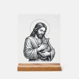 Vintage Jesus Holding Cat Engraving Graphic_1 Acrylic Sign