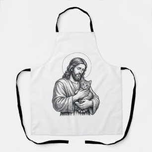 Vintage Jesus Holding Cat Engraving Graphic_1 Apron