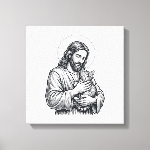 Vintage Jesus Holding Cat Engraving Graphic_1 Canvas Print
