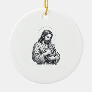 Vintage Jesus Holding Cat Engraving Graphic_1 Ceramic Tree Decoration