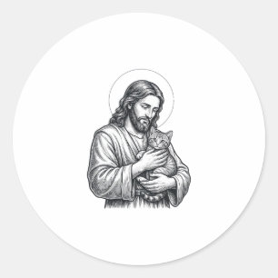 Vintage Jesus Holding Cat Engraving Graphic_1 Classic Round Sticker