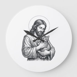 Vintage Jesus Holding Cat Engraving Graphic_1 Large Clock